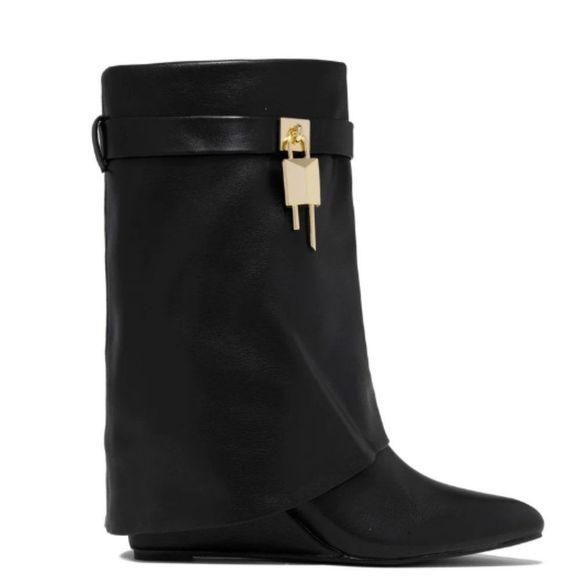 WOMEN’S BLACK BOOTIES | BLACK FAUX LEATHER WEDGE ANKLE BOOTIE WITH GOLD BUCKLE - Picture 1 of 4